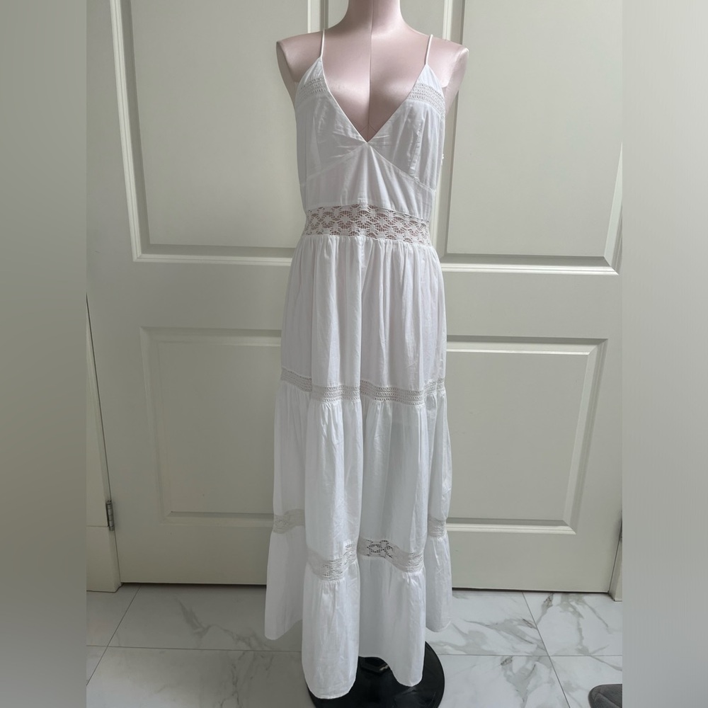 Zara White Lace-Insert Tiered Maxi Dress NWOT